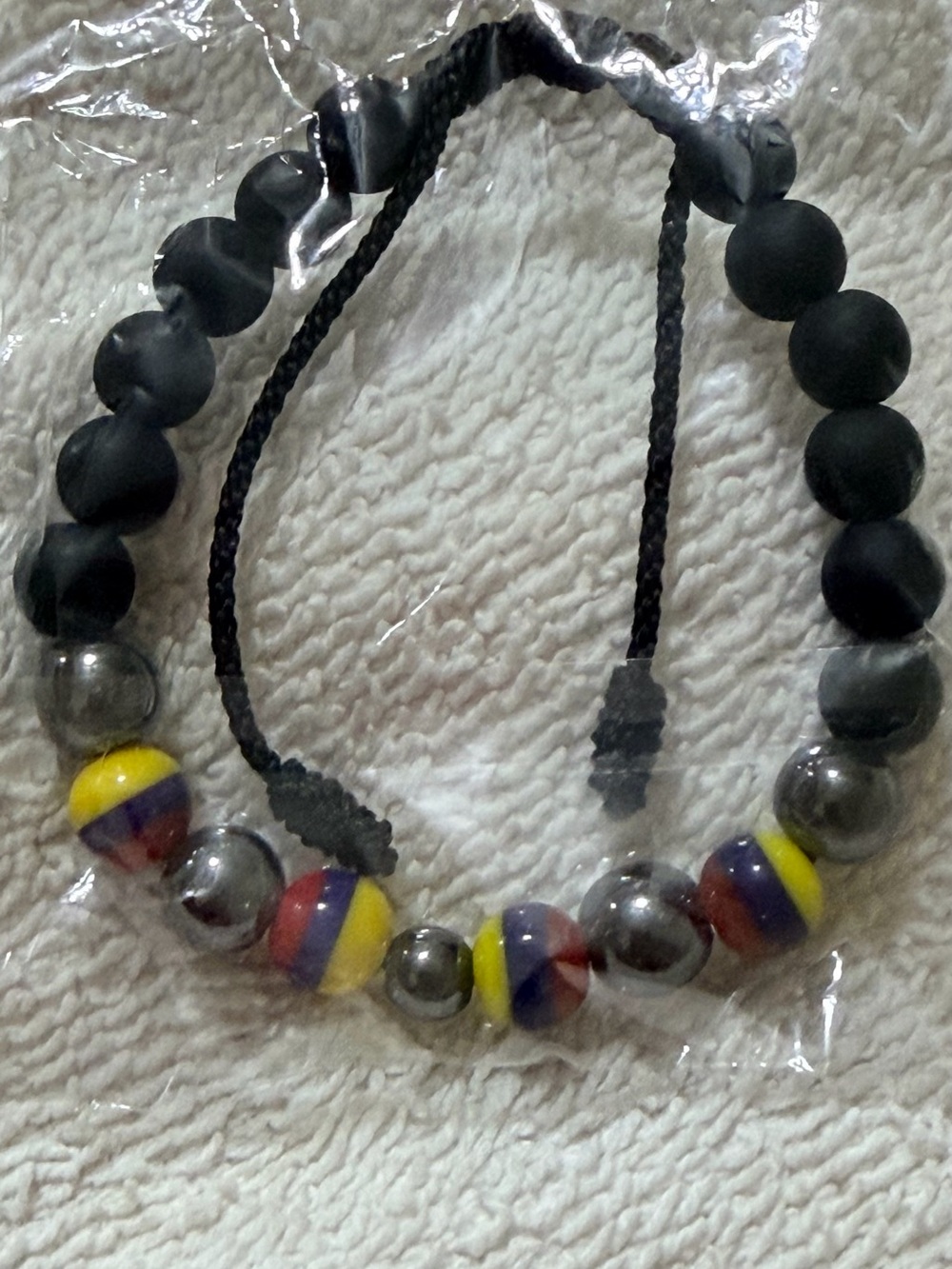 Adjustable Beaded Bracelet - Black and Multicolour Colombian Flag.